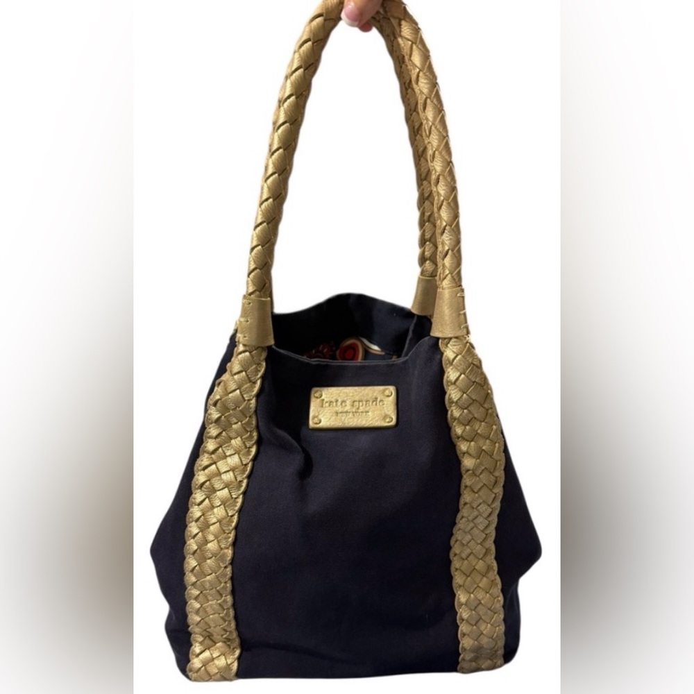 Kate Spade Navy Canvas Tote Gold Braided Handles Shoulder Bag